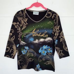 Vintage Cactus Bay Alaska State Flower Three Quarter Sleeve Top Small